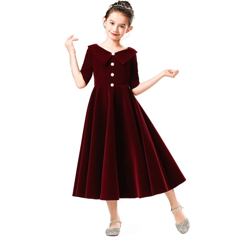 儿童生日礼服公主裙长袖绒布钢琴管弦乐演奏礼服女童合唱团演出冬