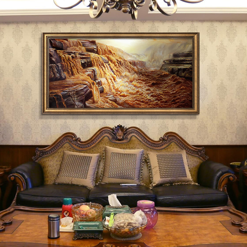 美式客厅装饰画风景画黄河财源滚滚手绘油画办公室壁画背景墙挂画