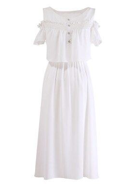 一字肩雪纺连衣裙白色假两件2024夏季新款女装荷叶边裙子露肩长裙