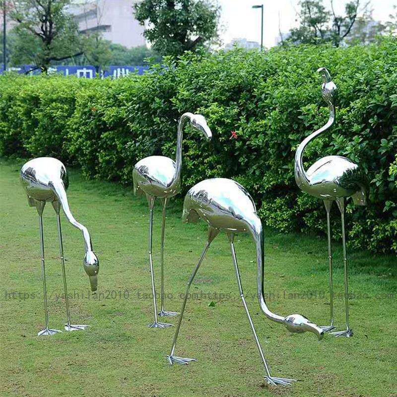 创意特色不锈钢金属鸟类雕塑银色金色火烈鸟鹤和平鸽鸟群装置艺术