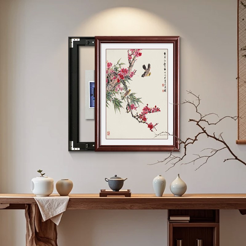 实木新中式电表箱装饰画免打孔电箱遮挡装饰花鸟餐厅挂画定制