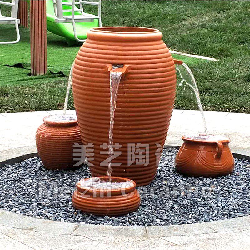 户外喷水景观花瓶庭院循环流水陶罐组合喷泉红陶花盆叠水缸冒水坛