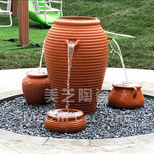 户外喷水景观花瓶庭院循环流水陶罐组合喷泉红陶花盆叠水缸冒水坛