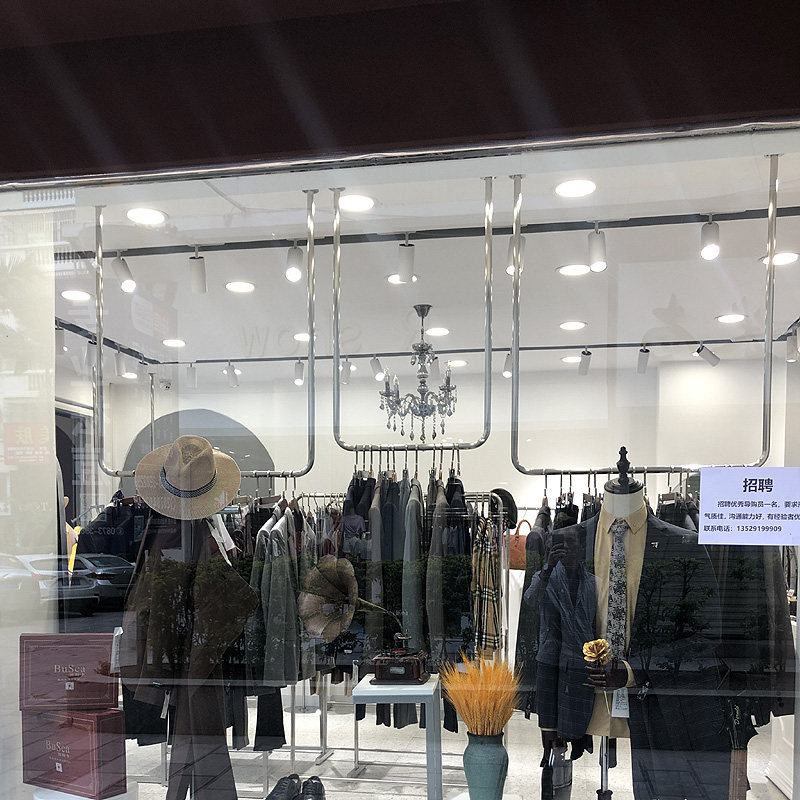 服装店展示架挂衣杆女装店吊架不锈钢带轮子银色中岛落地式陈列架