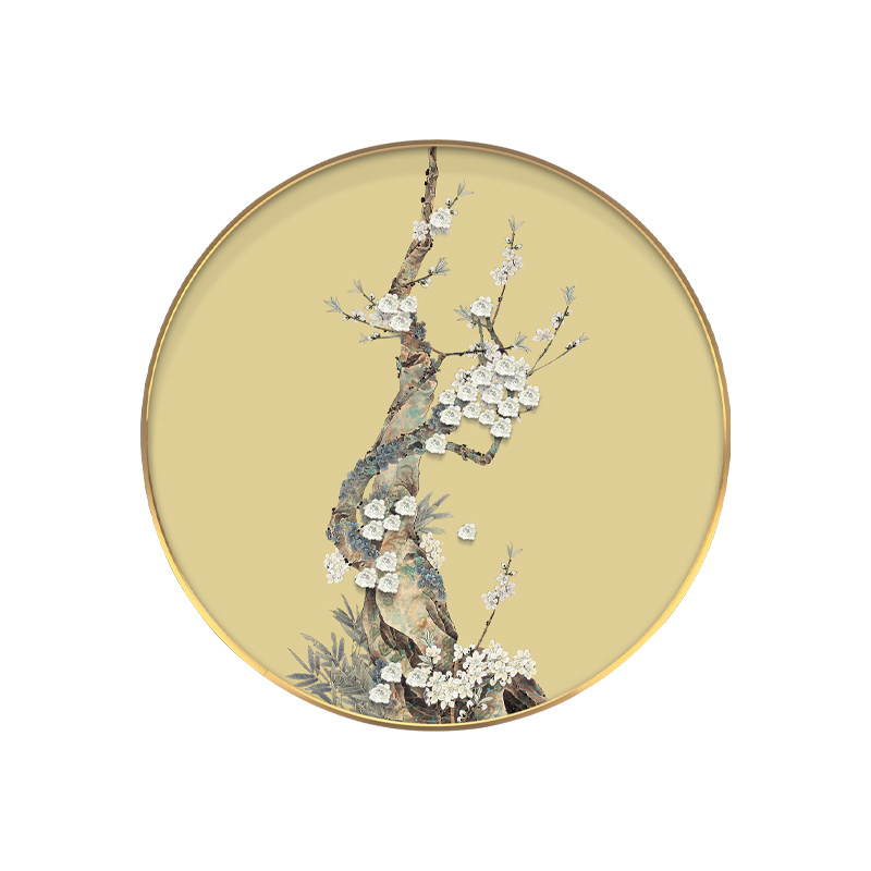 新中式圆形装饰画客厅玄关沙发背景墙桃花挂画样板房轻奢立体壁画