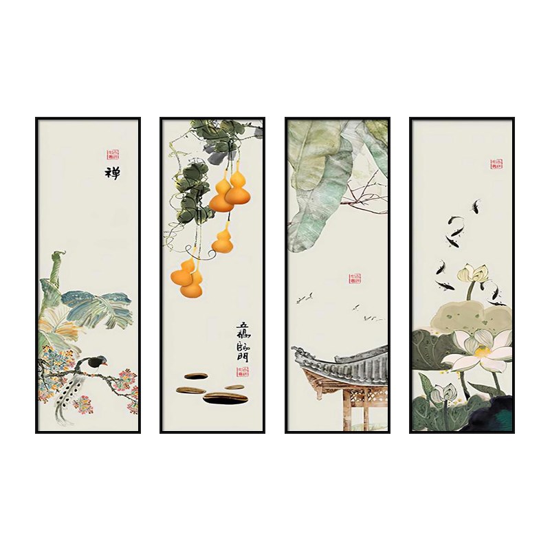五福临门新中式客厅沙发背景墙装饰画花鸟挂画四联画餐厅饭店壁画