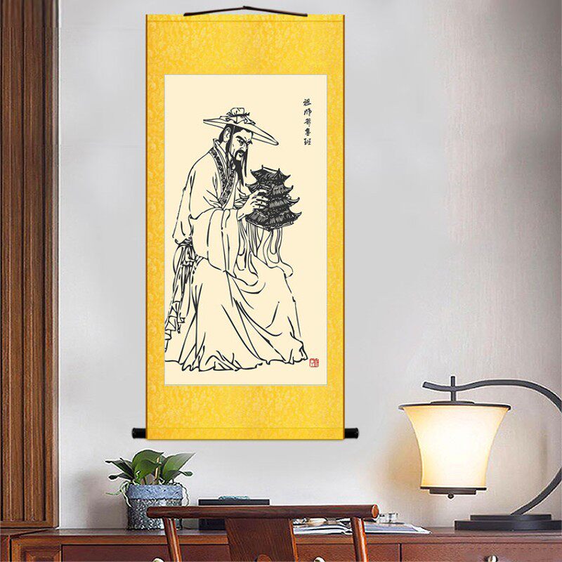 鲁班画像挂图 公输般客厅装饰画 土木工匠祖师丝绸卷轴画挂画包邮