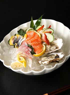 纯白陶瓷刺身盛器鱼生冰盘意境菜餐具海鲜碗西餐大号刺身斜口碗