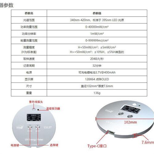 LS137紫外能量计UVALED光源UV强度UV能量及温度值检测仪