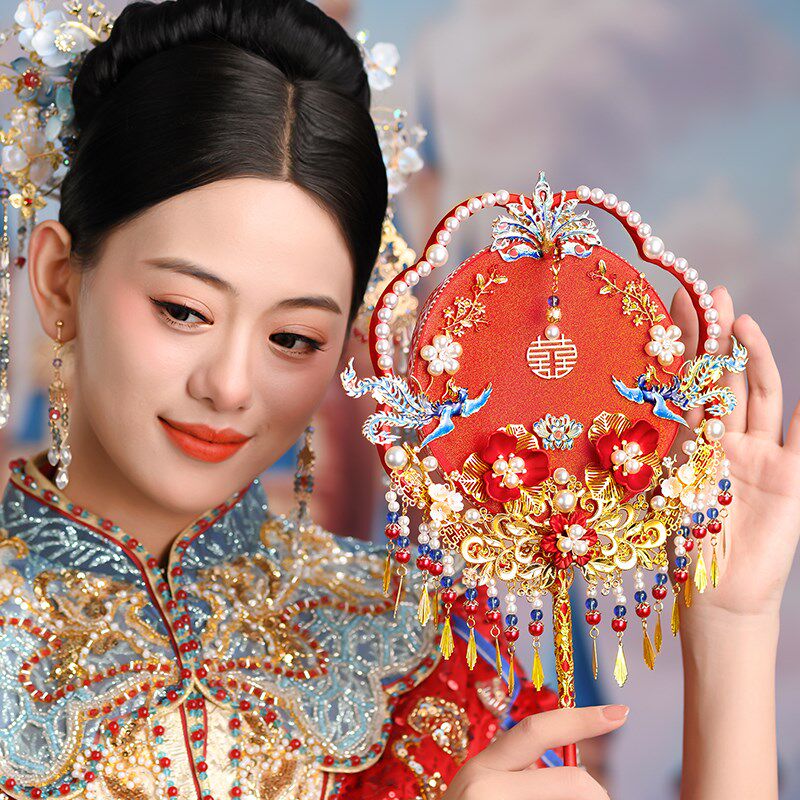 新款新娘团扇结婚出嫁diy材料包喜扇中式手捧花成品双面秀禾婚礼