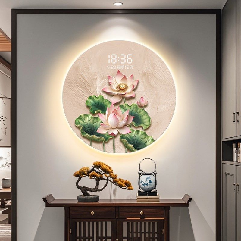 荷花九鱼图入户玄关装饰画钟表挂钟餐厅挂画走廊过道圆形发光壁画