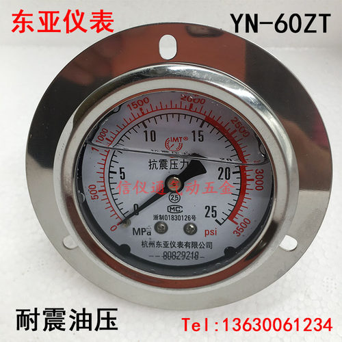 东亚仪表YN-60ZT轴向带边抗震压力表1.6/2.5/60MPa防震耐震油压表