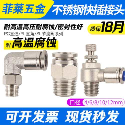 304不锈钢PC6气管快速接头快插气动快接螺纹高压气嘴直通对接PL8