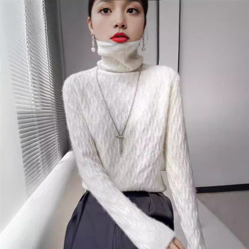 秋冬新款山羊绒毛衣女宽松堆堆领纯色轻奢保暖加厚羊毛针织打底衫