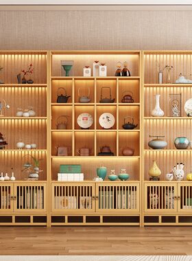 茶叶展示架新中式实木博古架茶叶柜原木色茶M饼多宝格置物架展示