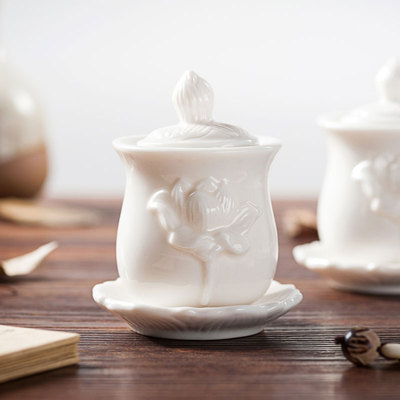 白瓷浮雕莲纹 供水杯净水杯陶瓷莲P花圣水杯佛堂摆件