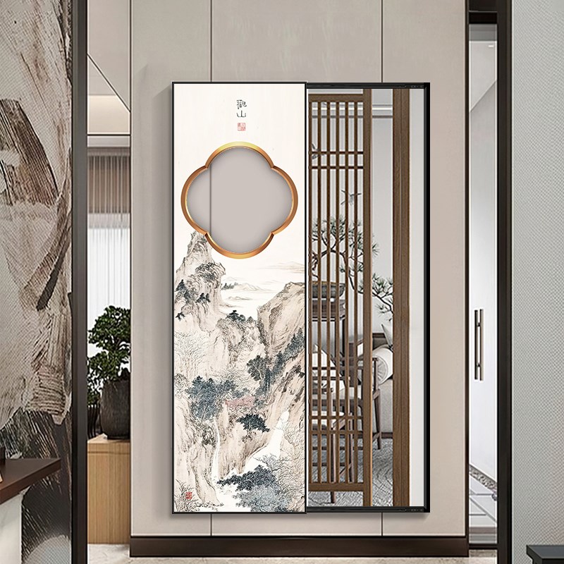 观山中式进门玄关全身镜壁挂式画镂空穿衣镜挂墙画推拉隐藏镜子画