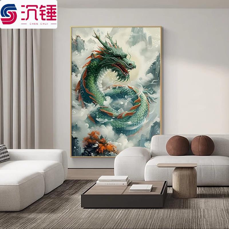 手绘油画青龙献瑞国风中国龙客厅装饰画龙年生肖龙玄关招财镇宅画