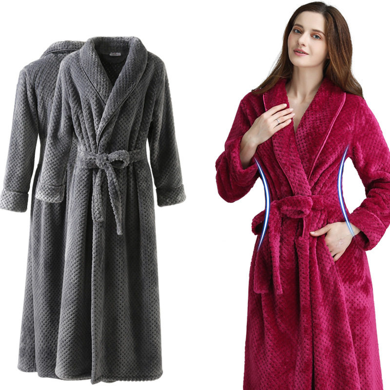 睡袍女秋冬季加长款法兰绒情侣睡衣酒红色超长晨袍加厚珊瑚绒浴袍
