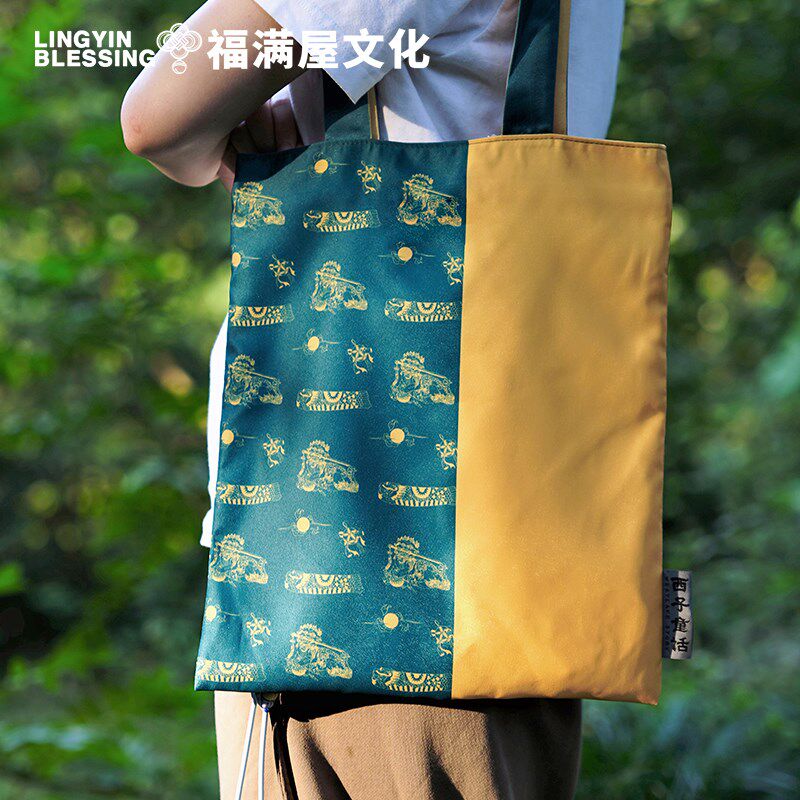 杭州灵隐新品绒布袋丝绸缎面单肩包国风帆布袋文艺手拎包女包