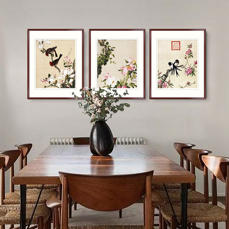 国画花鸟花三联画玄关电表箱客厅沙发壁画餐厅床头新中式装饰挂画