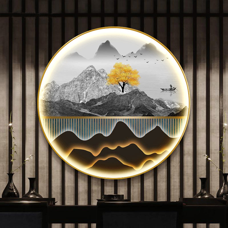新中式玄关装饰画发光氛围LED灯画圆形壁画走廊过道禅意山水挂画