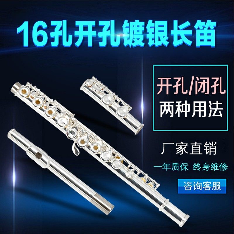 16孔E键C调长笛开孔闭孔两用铜制镀银专业演奏级乐器笛子带便携包