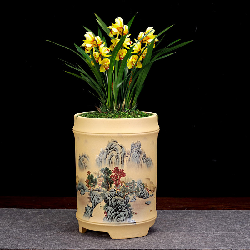 紫砂兰花盆精品圆形手工贴画简约桌面古典竹子盆景盆君子兰中国风