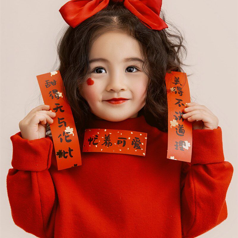 儿童摄影服装红色毛衣新年主题女童圣诞装3岁5春秋款中国风喜春