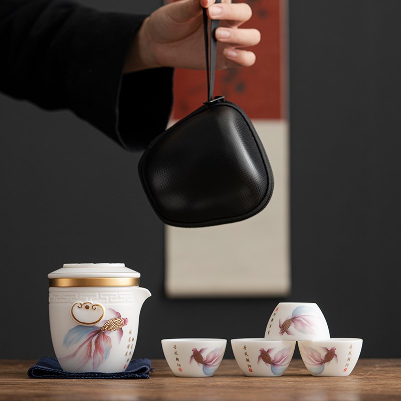 唐舍便携式泡茶壶 丹凤金鱼旅行茶具组 一壶四杯 客厅适用 羊脂玉