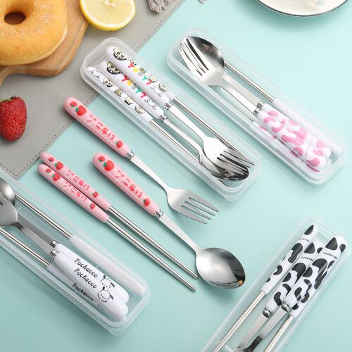 儿童不锈钢餐具组卡通设计 便携三件套适合小学生使用