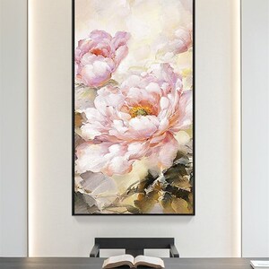 大芬村纯手绘油画中式牡丹花玄关入户走廊轻奢挂画客厅竖版装饰画