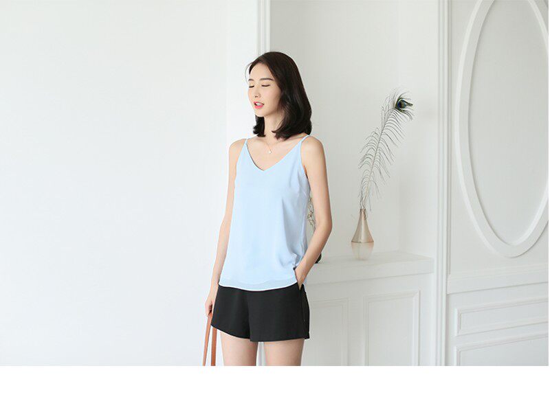 欧美春夏宽松V领雪纺吊带背心双层小背心夏内搭打底衫无袖上衣女