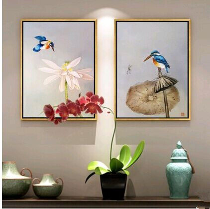 新中式纯手绘油画荷花工笔画花鸟装饰画玄关餐厅客厅走廊三联挂画