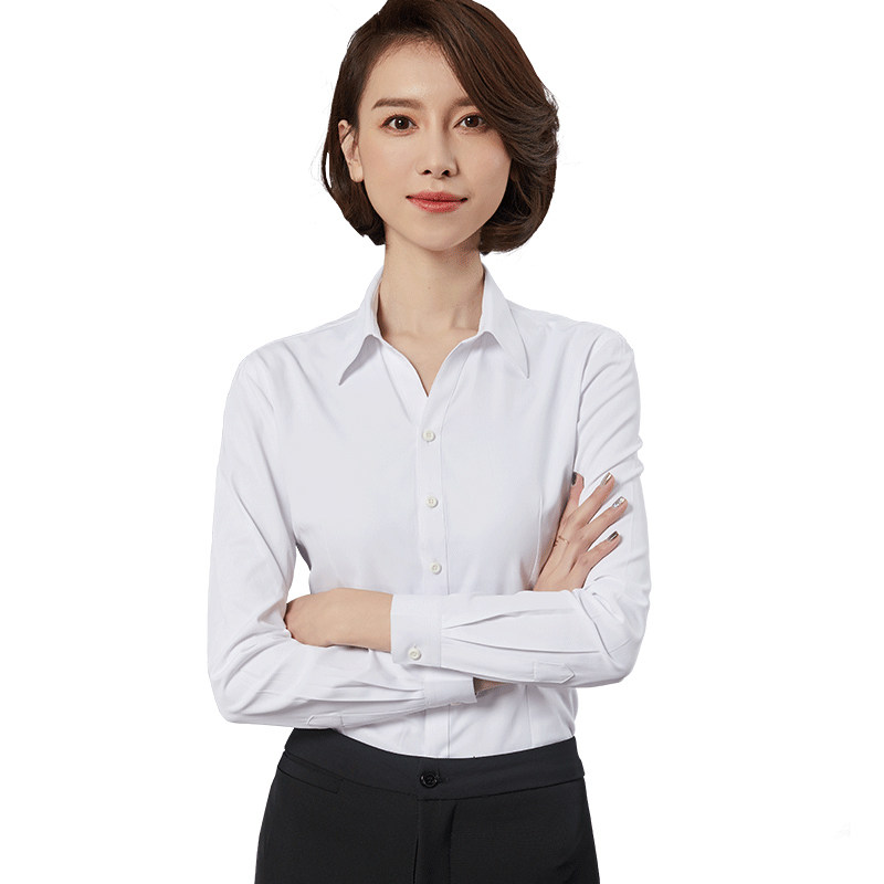 蓝色白领衬衫女职业气质条纹OL衬衣v领工作服长袖大码工装寸正装