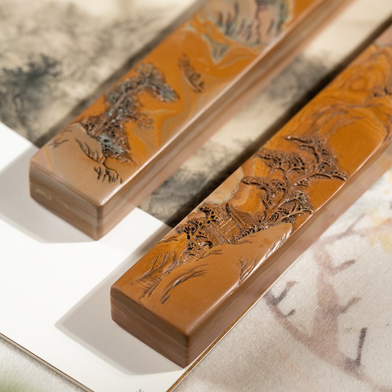 张小凤苴却砚镇纸老坑山水镇尺天然原石雕刻创意书法高档文房四宝