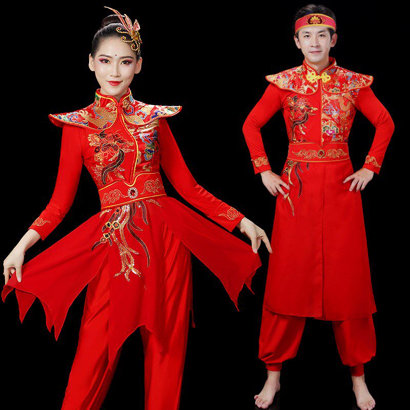 新款打鼓服演出服女红色中国风威风锣鼓腰鼓舞蹈服套装敲鼓表演服