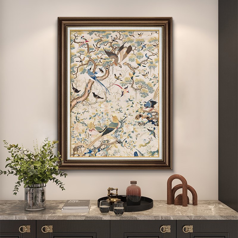 美式玄关装饰画欧式复古油画走廊过道花鸟挂画玄关矮柜壁画高级感