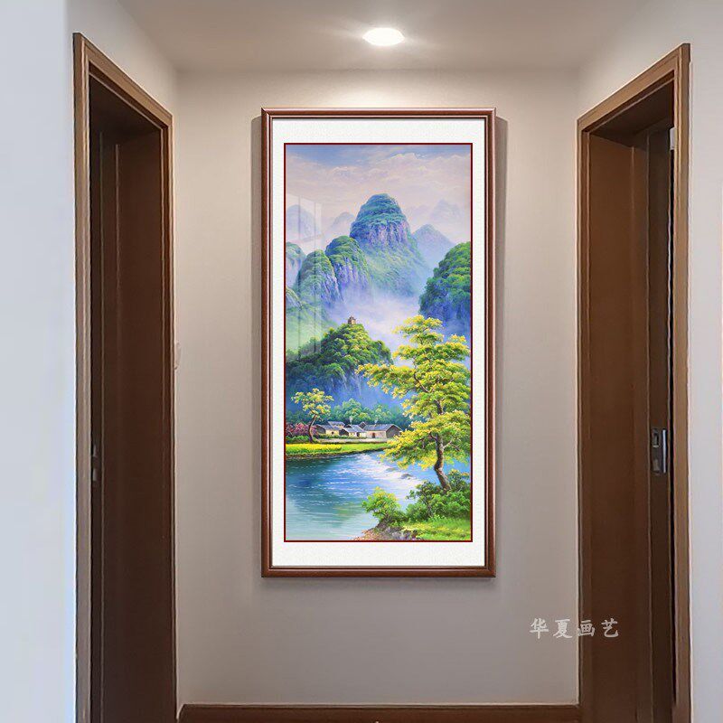 玄关装饰画新中式山水风景靠山招财挂画竖版单幅入户过道走廊壁画