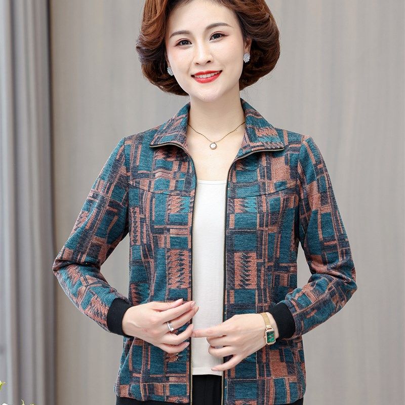 小个子妈妈上衣短外套2024春秋中老年女装宽松花色拉链夹克衫口袋