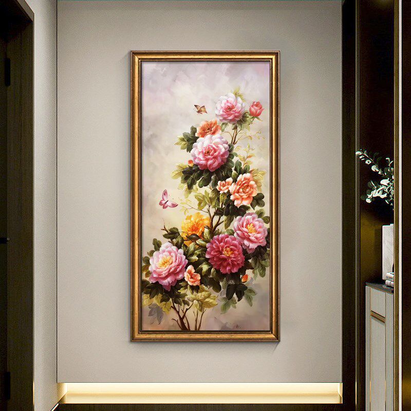 新中式玄关装饰画山水风景走廊过道挂画入户高端花鸟油画客厅壁画