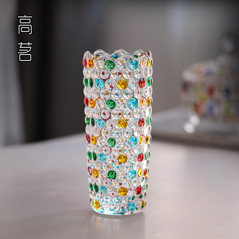 日式玻璃花瓶手绘彩色圆点客厅水培插花装饰轻奢餐桌水晶花道摆件