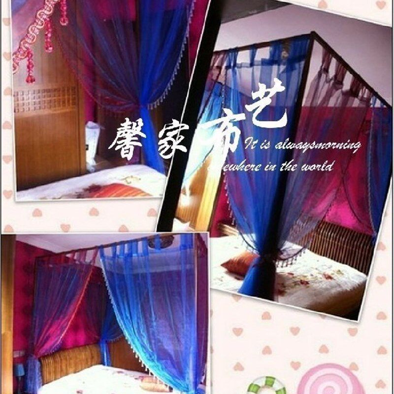 结婚双色浪漫酒红加宝蓝色四柱床幔可带顶纱幔 蚊帐式系带吊带型