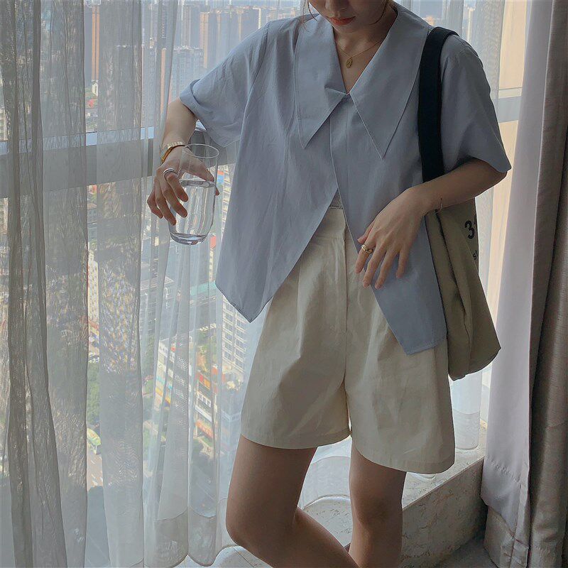 饭小队 婴儿蓝上衣女夏季宽松可爱清爽凉快开叉斗篷型短袖小衬衫