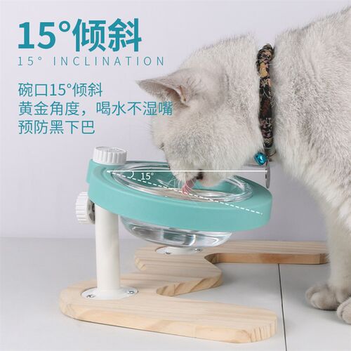 宠物猫咪狗狗简约斜面护颈可调高度餐桌玻璃双饭水碗升降双碗粉色