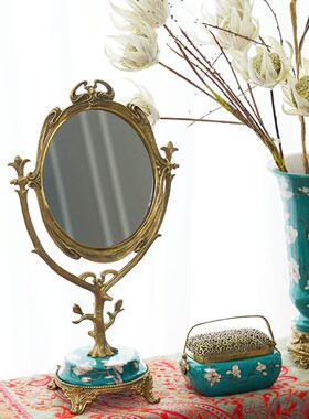 费灵家居黄铜陶瓷椭圆桌面装饰镜台面镜化妆镜摆件家居装饰欧式铜