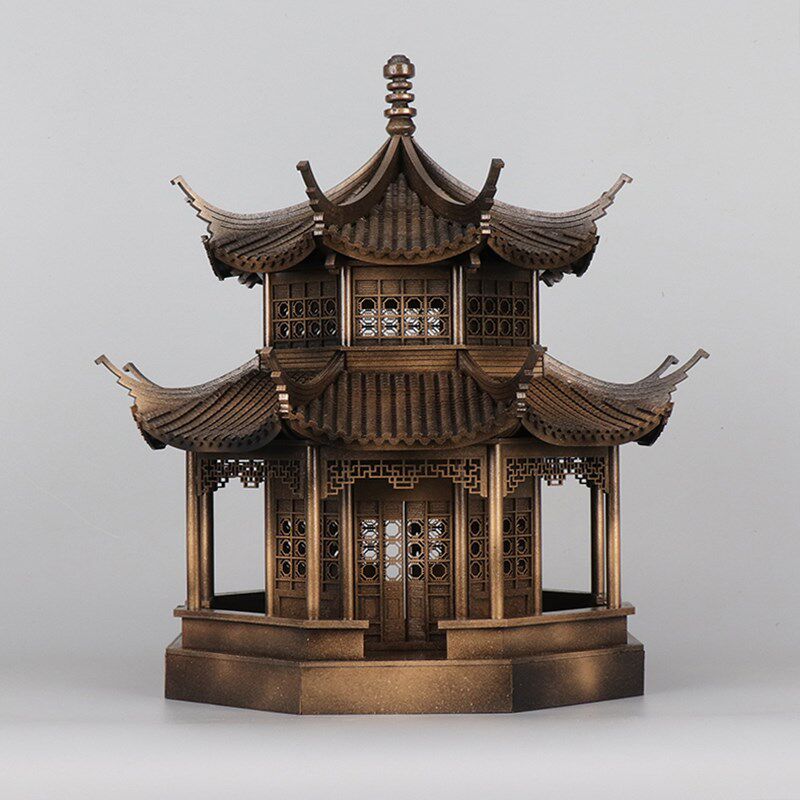中式禅意古铜色建筑八角亭子木质工艺品售楼部样板间博古架摆件
