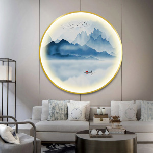 夜光装饰画新中式山水风景餐厅玄关发光轻奢晶瓷画圆形壁画带灯画