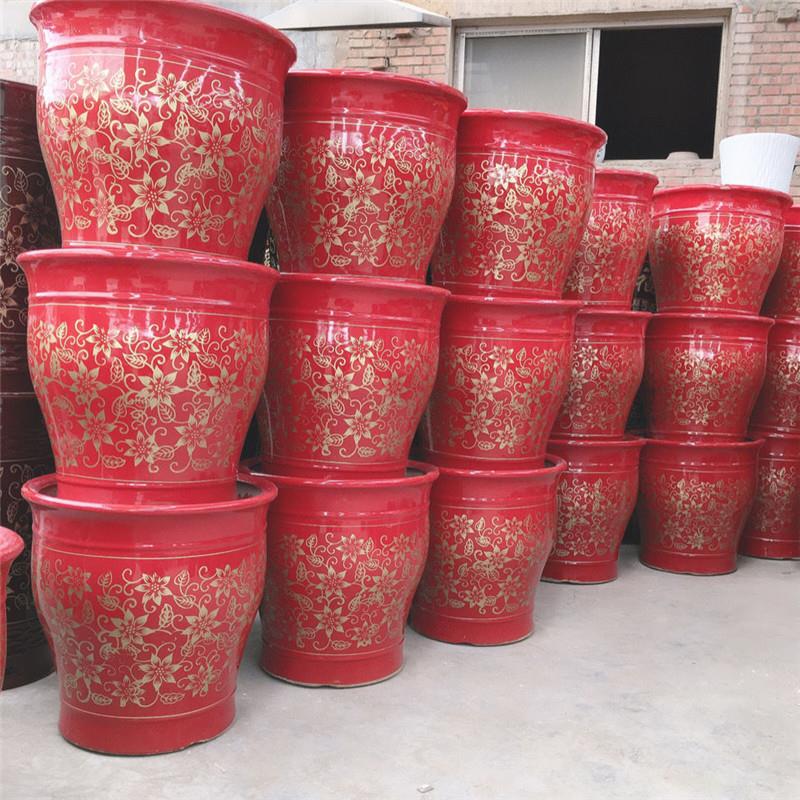 红色花盆陶瓷带托盘简约中国风大号家用绿植创意大红色绿萝小花盆
