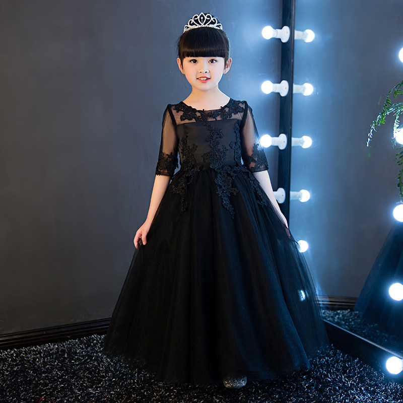 儿童走秀礼服公主裙女童蓬蓬纱黑色女孩主持人钢琴演出服演奏高端